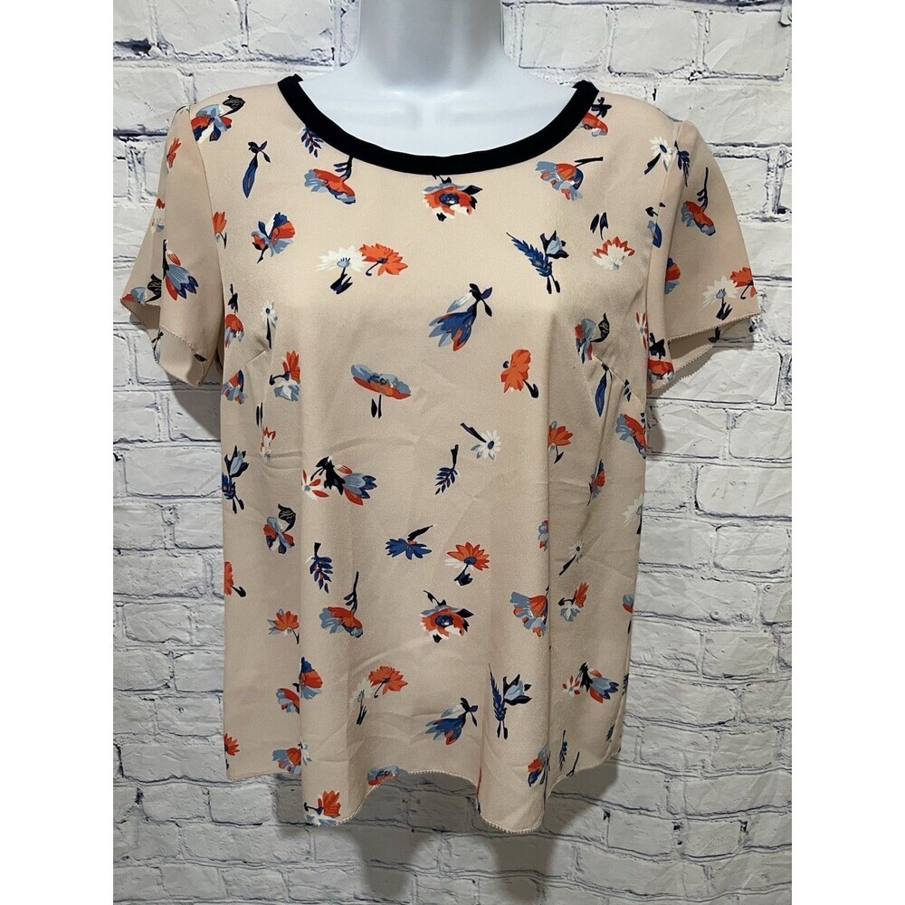 Talbots Floral Print Short Sleeve Blouse Flower Pullover Zipper Top 4 Petite